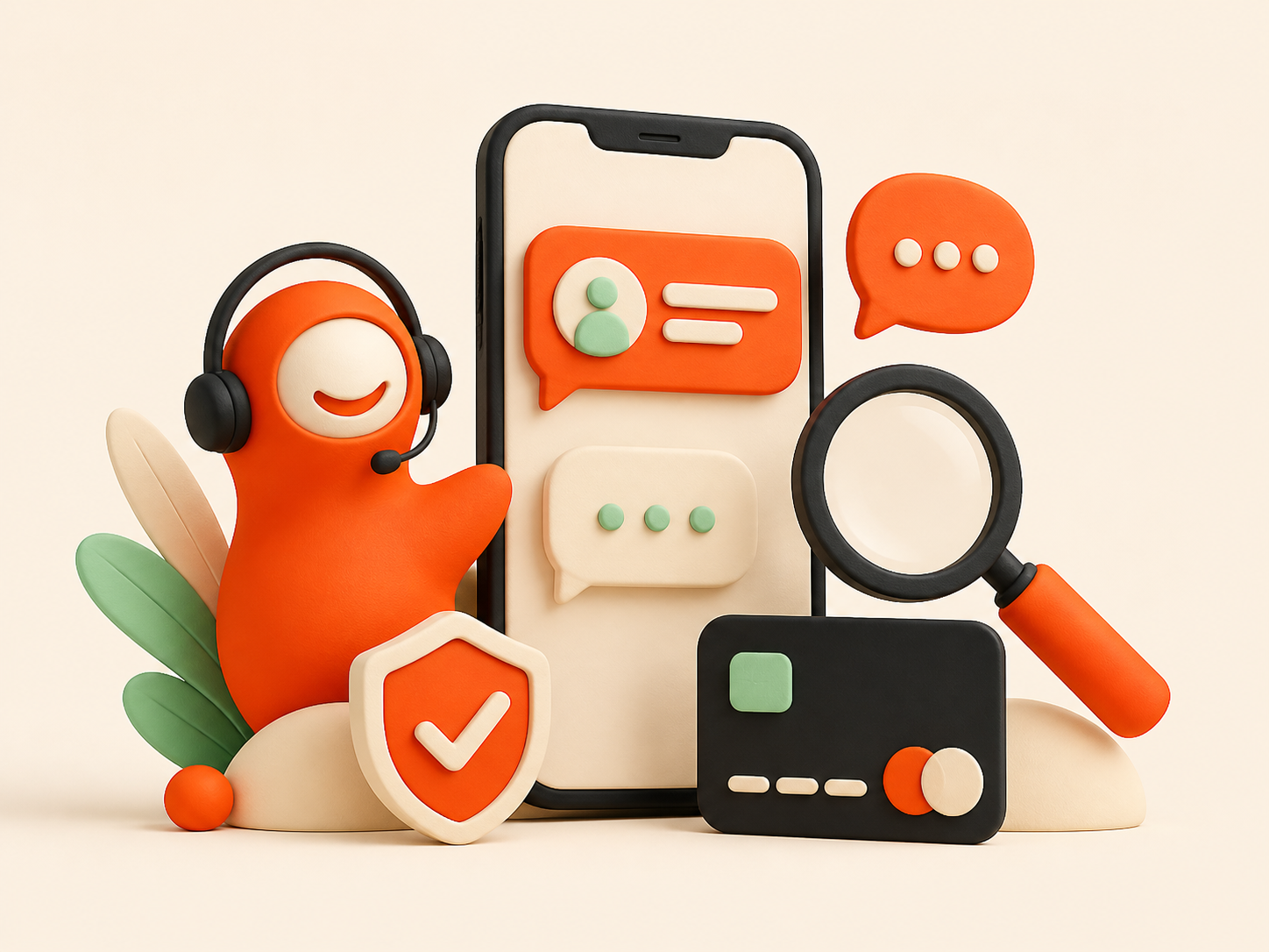 Ilustração de atendimento digital com celular, lupa, conversa e proteção