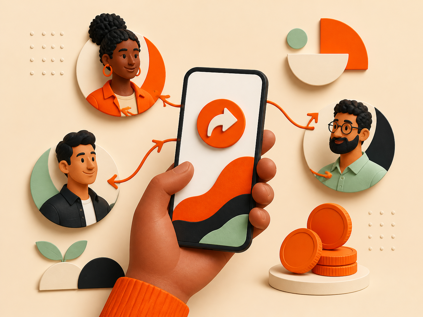 Ilustração de pessoas conectadas por indicações feitas pelo celular